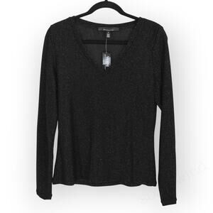 NEW Medium WHBM Long Sleeve Sparkle Knit Black Metallic V-Neck Stretch